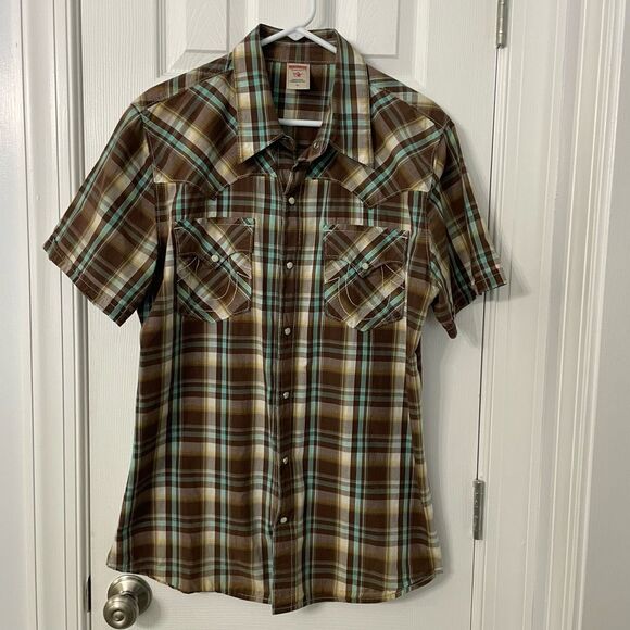 True Religion Other - True Religion Men’s Plaid Snap Button Shirt Brown Green Yellow XL